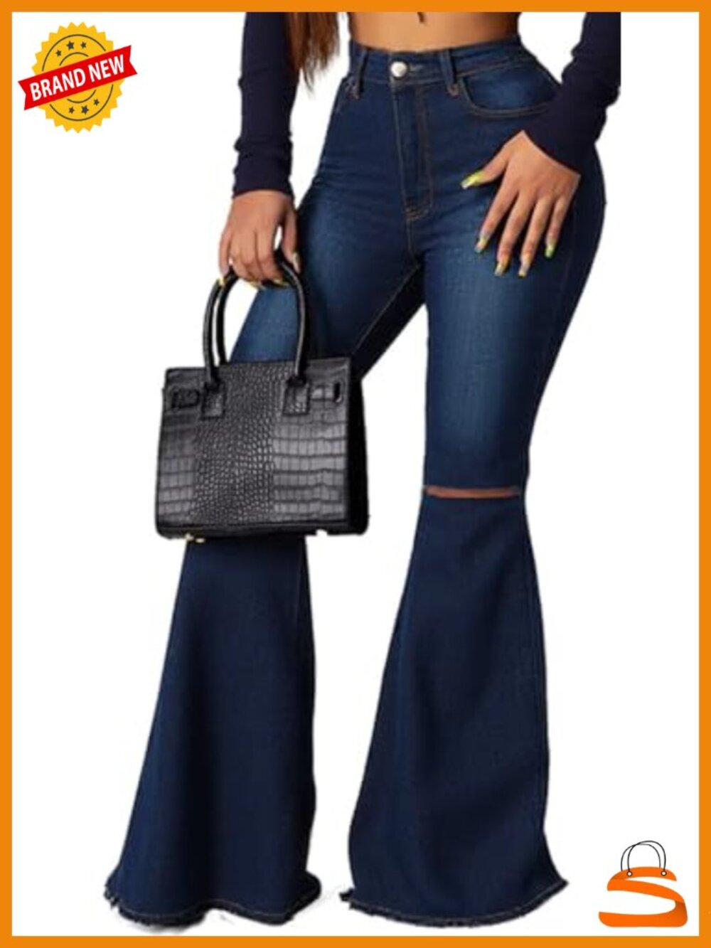 High Waist Elastic Bell Bottom Jeans Raw Hem Denim Vintage Flared Pants